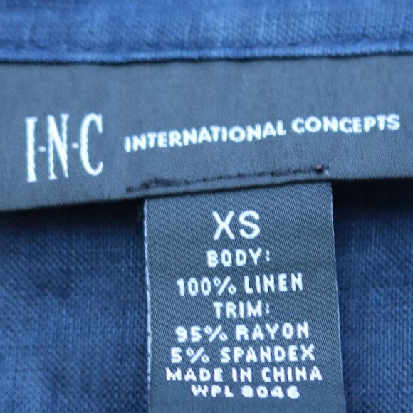 INC Navy Blue Linen w Stretch Sides Crystal Button Roll Tab Sleeve Shirt Sz XS - Picture 7 of 7
